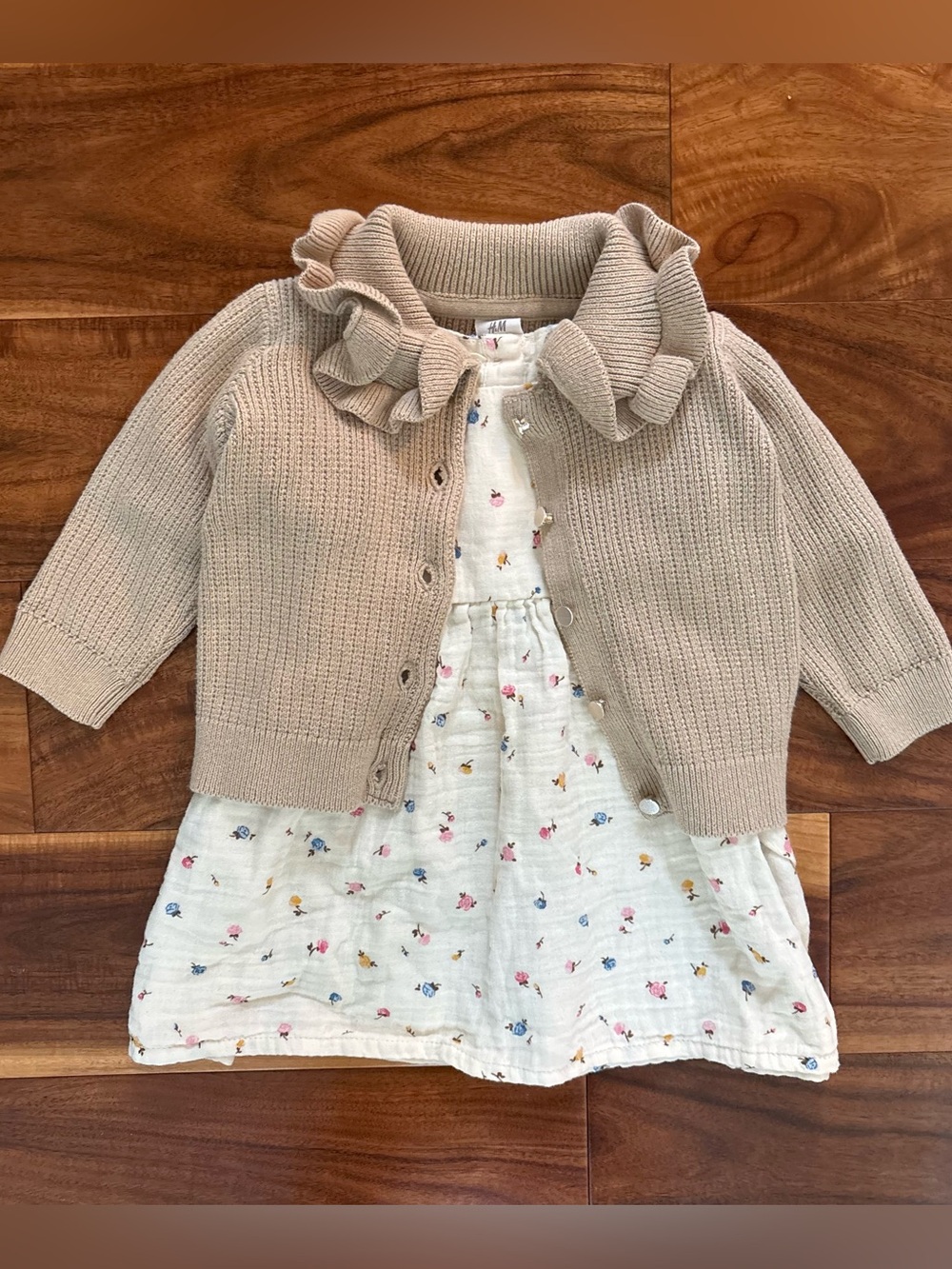 Baby Girl Dainty Ivory Floral Dress Ruffle & Tan Cardigan Sweater Set 6 Months